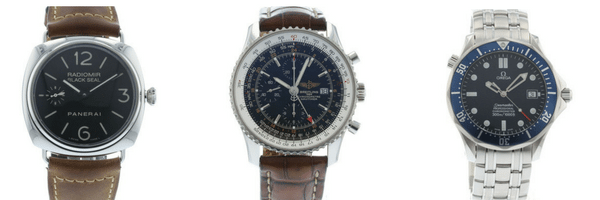 three watches are pictured next to each other - a Panerai Black Seal with a leather band, a Breitling Navitimer with a leather strap, and an OMEGA Seamaster 007 in Stainless Steel 