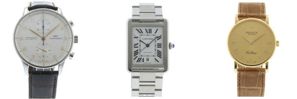 holiday category - classic man - three watches are pictured and from left to right they are an IWC Portuguese Chronograph with a black leather band, a white gold CartierTank, and a Rolex Cellini on a brown leather band 