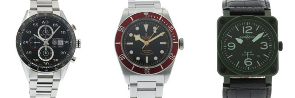 holiday category: starting watch collector - three watches are pictured next to each other - A Tag Heuer Carrera Chronograph, a Tudor Heritage Black Bay, and a Bell & Ross Green Ceramic Military