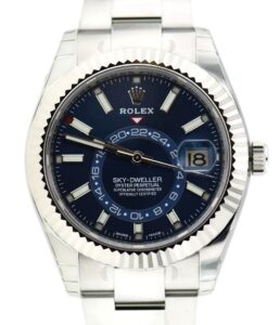 An image of a blue dial Rolex Sky-dweller 