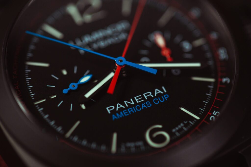 A closeup of the dial on the Panerai Luminor Oracle