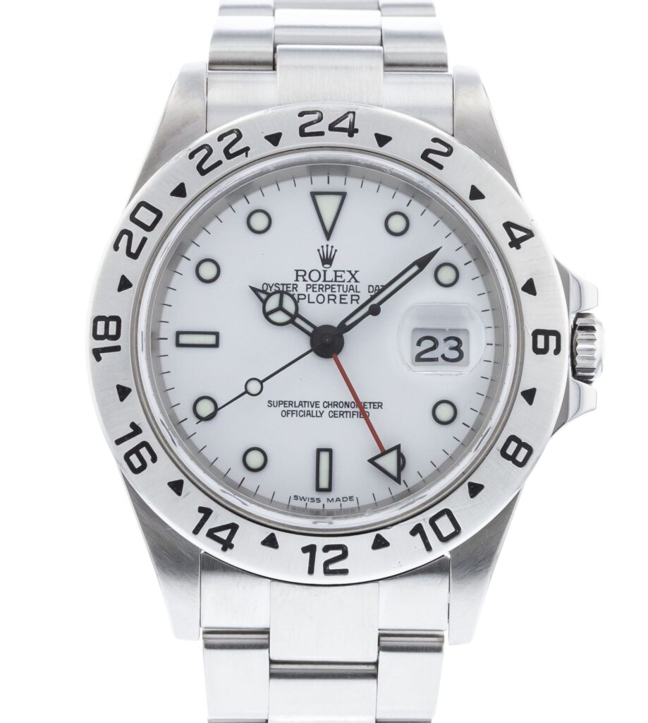 A Rolex Explorer II white dial with a red GMT hand 